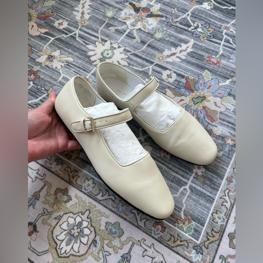 THE ROW Ava Leather Mary Jane Ballet Leather Flats Ivory White Snow White US 8 - Picture 7 of 13
